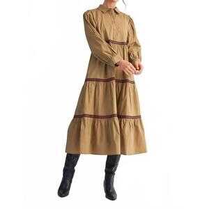 NEW JODIFL solid tiered accent trim midi dress in taupe